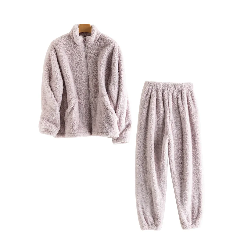 

Winter Plush Warm Sleepwear Solid Color Pajamas Suit Two Piece Set Stand Up Collar Coat and Pants Casual Home Clothes for Women