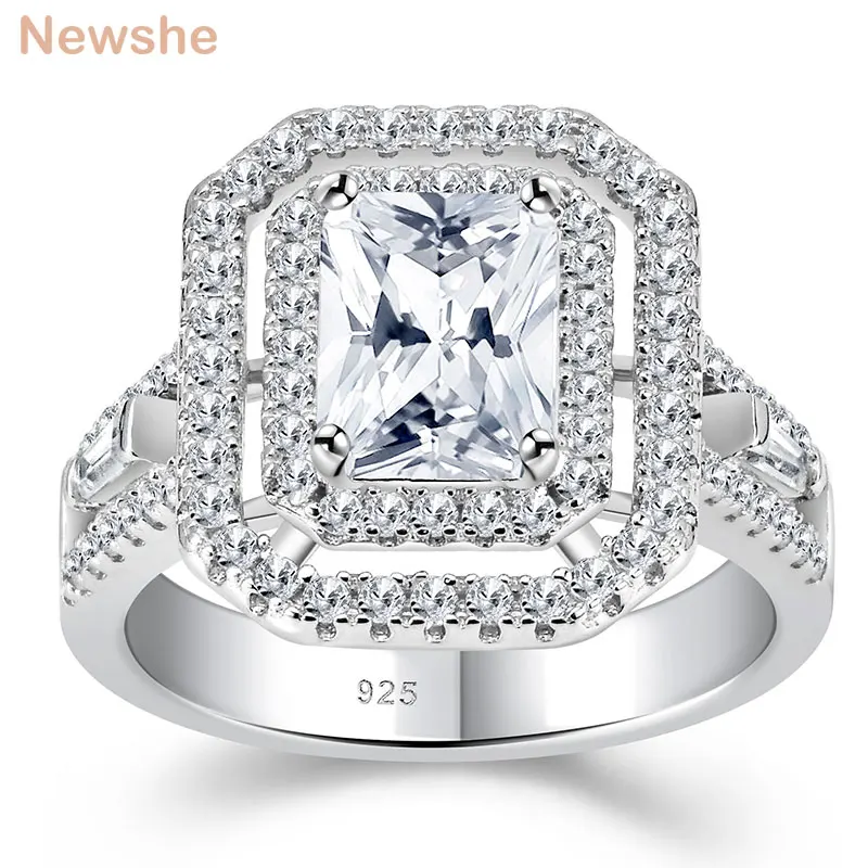 Newshe Solid 925 Sterling Silver Wedding Engagement Ring For Women Halo Radiant Cut AAAAA Zircons Bridal Jewelry BR1096