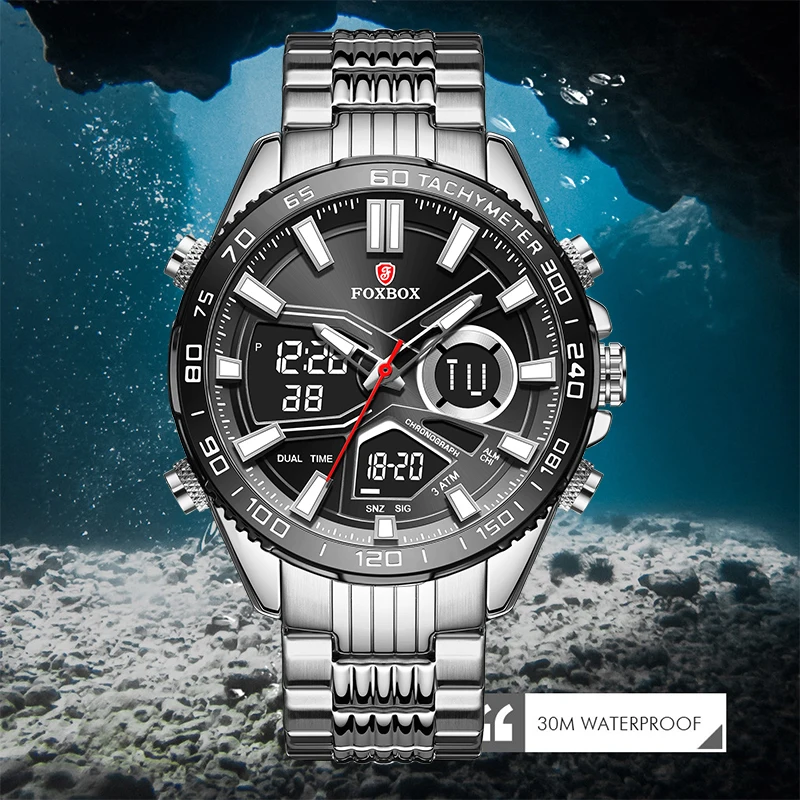 FOXBOX New Fashion Sport Men's Wrist Watch Digital Waterproof Quartz Chronograph Stainless Steel Clock Male Relogio Masculino