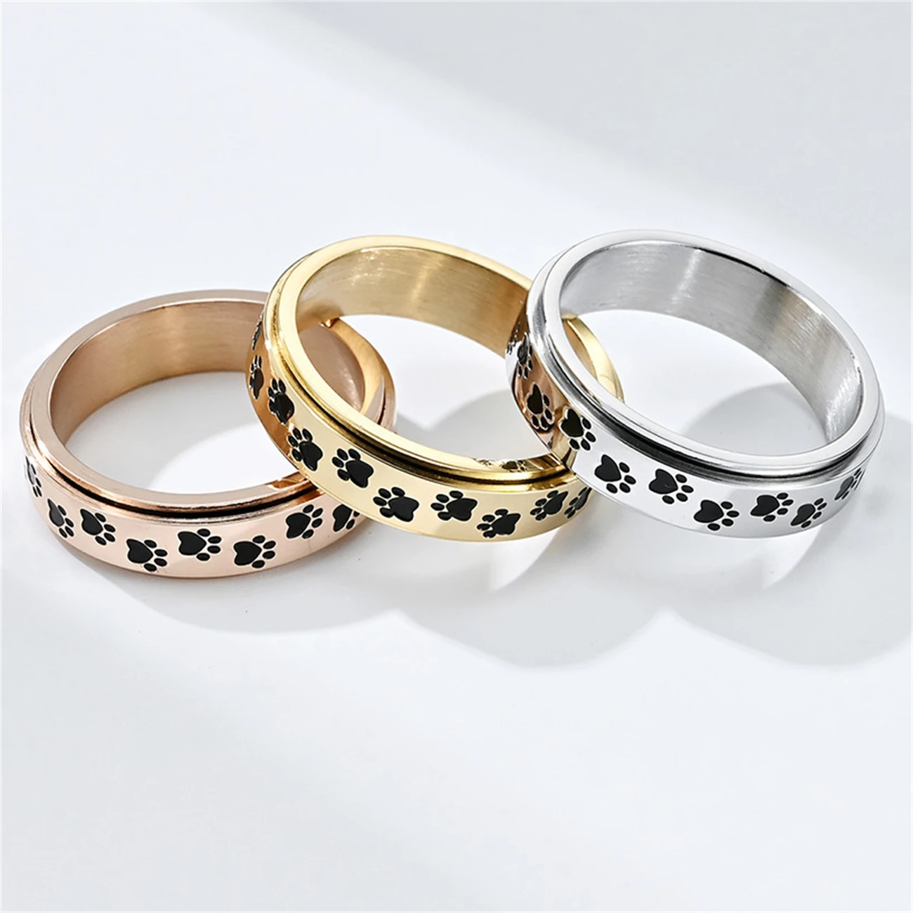 6mm Stainless Steel Black Enamel Paw Print Spinner Ring for Women - PeticaDeals