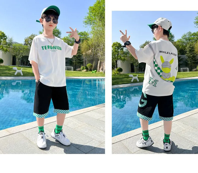 Boys cotton cartoon alphabet T-shirt with plaid shorts 2-piece outfit 2154
