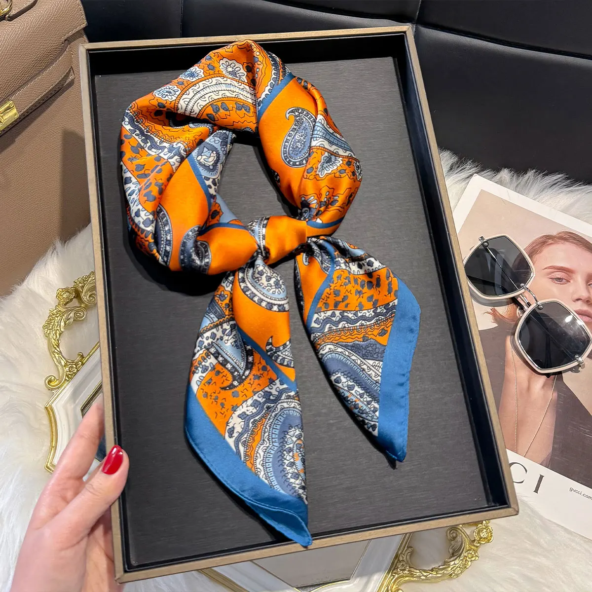 2025 Design Paisley Print 70*70cm Square Scarf Women Soft Satin Hairband Neckerchief Tie Female Headband Foulard Bag Ribbon Gift