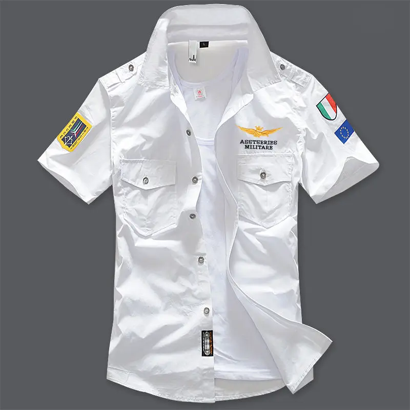 Men's Summer Short Sleeve Letter Embroidered Turn-down Collar Button Patchwork Pockets Geometric Shirt Vintage Clothe Tops