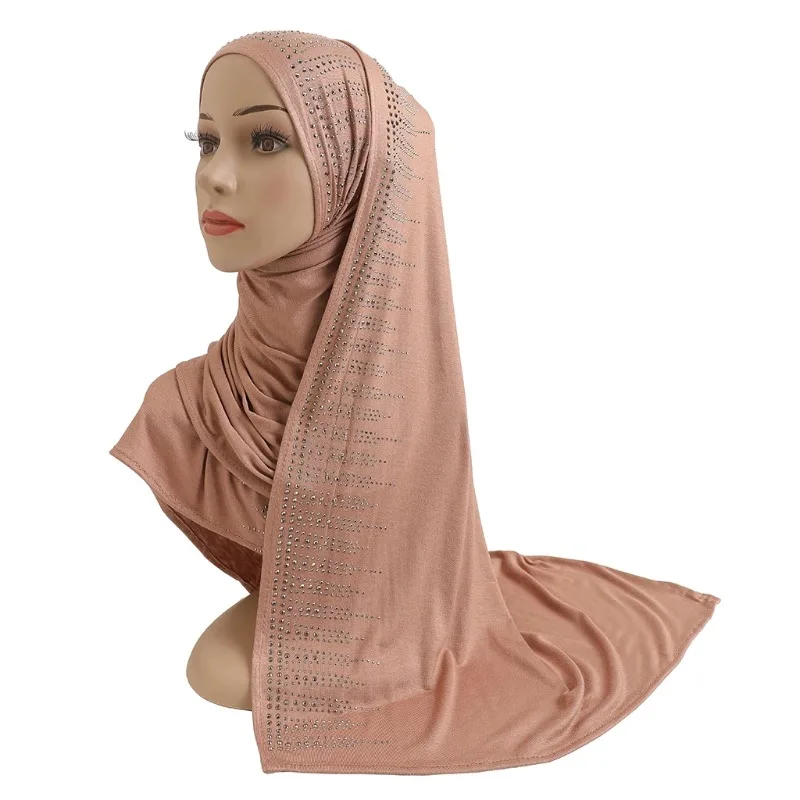 

H203 Cotton Jersey Muslim long scarf with rhinestones Modal headscarf islamic hijab shawl arabic rectangular headwrap lady wear