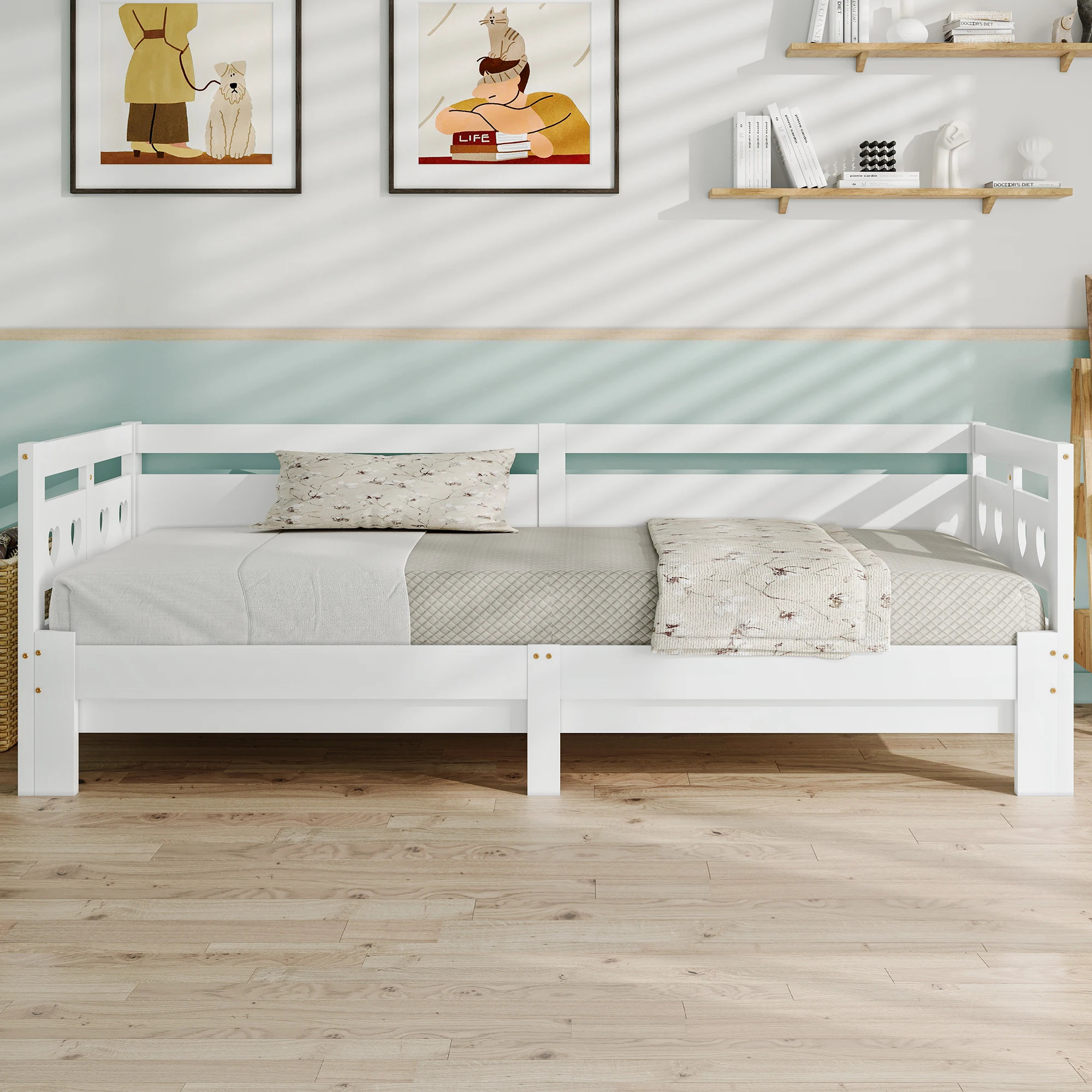 Tagesbett, ausziehbares Bett, aus massivem Kiefernholz, mit zweiter Schlafmöglichkeit und Lattenrost, herzförmiges Bett, weiß – Detail 23