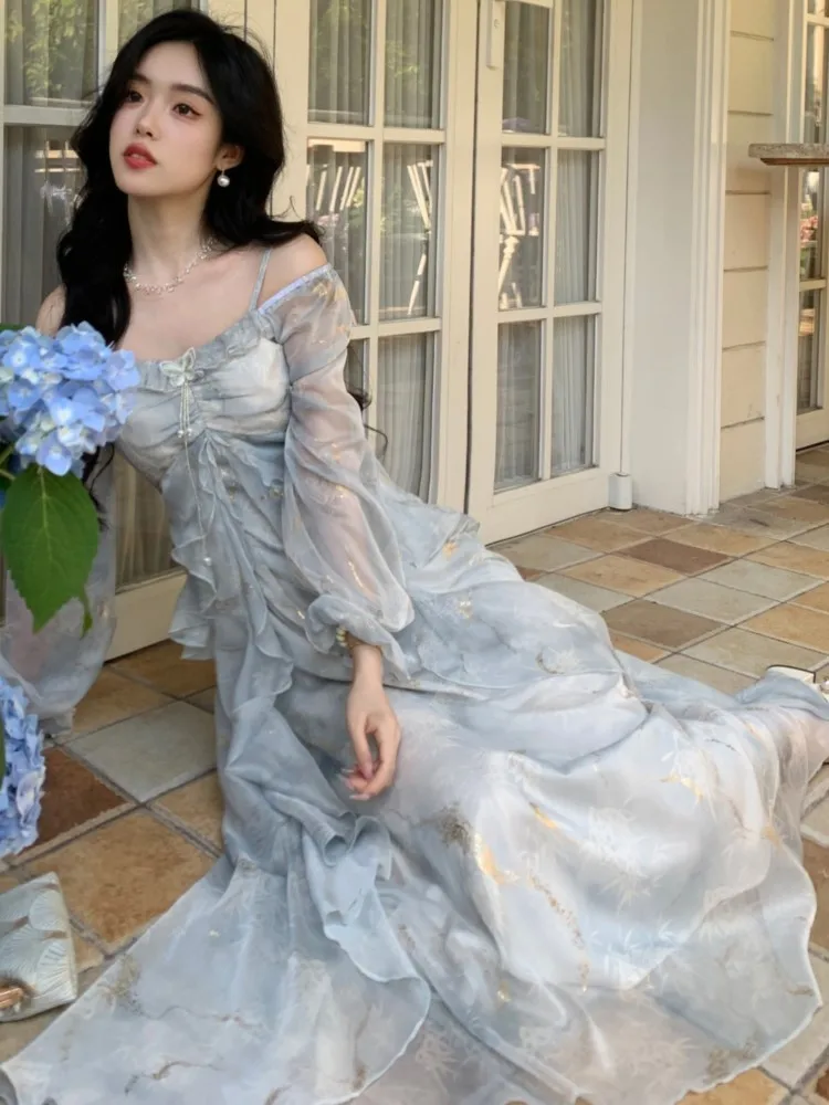 Autumn French Print Fairy Long Dresses for Women Elegant Off Shoulder Ruffles A-Line Birthday Party Dress One Piece Vestidos New