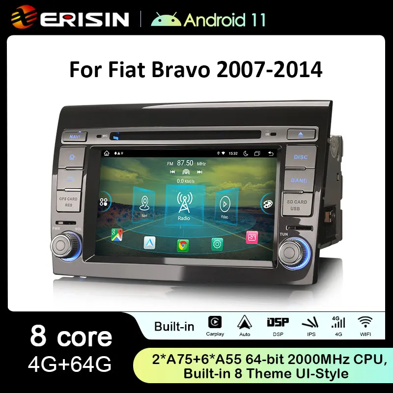 Erisin ES8971F 7 인치 IPS 스크린 8 코어 안드로이드 11.0 자동차 DVD 플레이어, GPS 4G LTE DPS 무선 카플레이, 자동 라디오, 피아트 브라보 스테레오