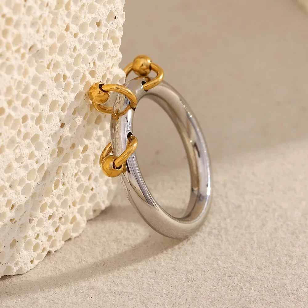 Double Mixed Color Mini Round Circle Bead Tassel Rings for Women PVD Waterproof Stainless Steel Finger Ring Vintage Punk Jewelry