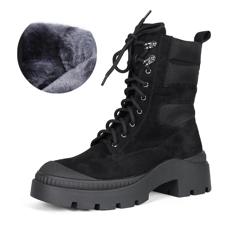 

【ENMAYER】Casual Chelsea Boots for Women Genuine Leather Warm Winter Long Plush Ankle Boots Block Heel Waterproof Non-slip Shoes
