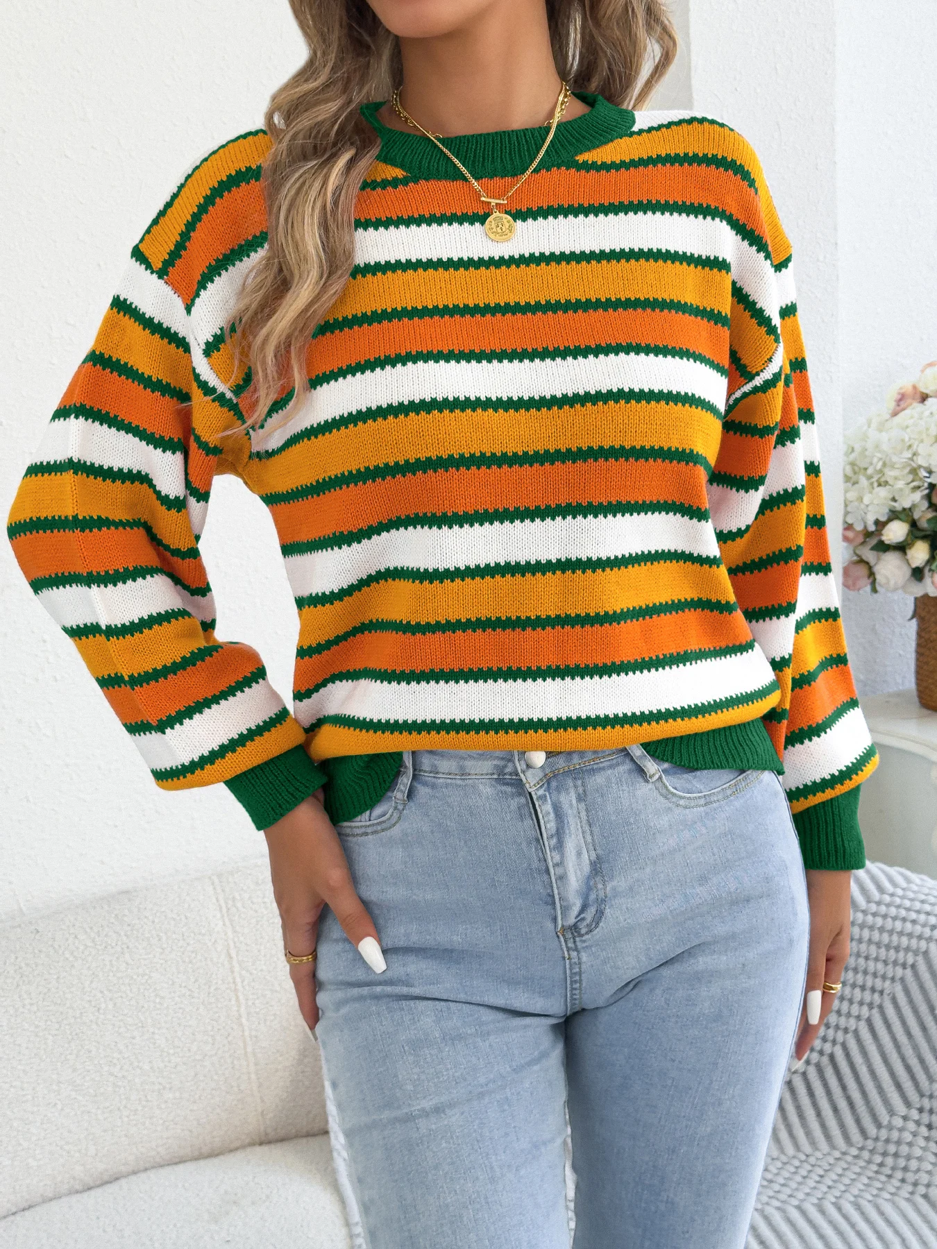 Women Autumn Winter Sweater Coffee Green Knitted Pullover