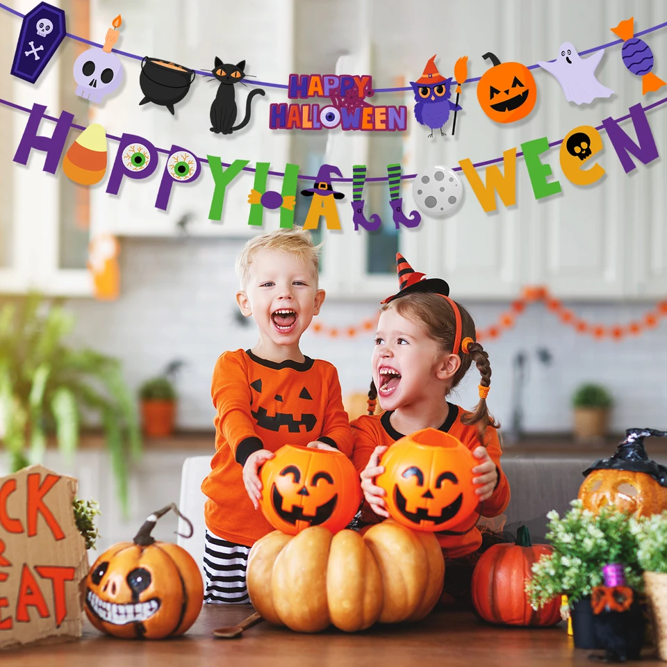 Halloween Birthday Banner With LED Lights - 8 Light Modes Pumpkin Bat Decor