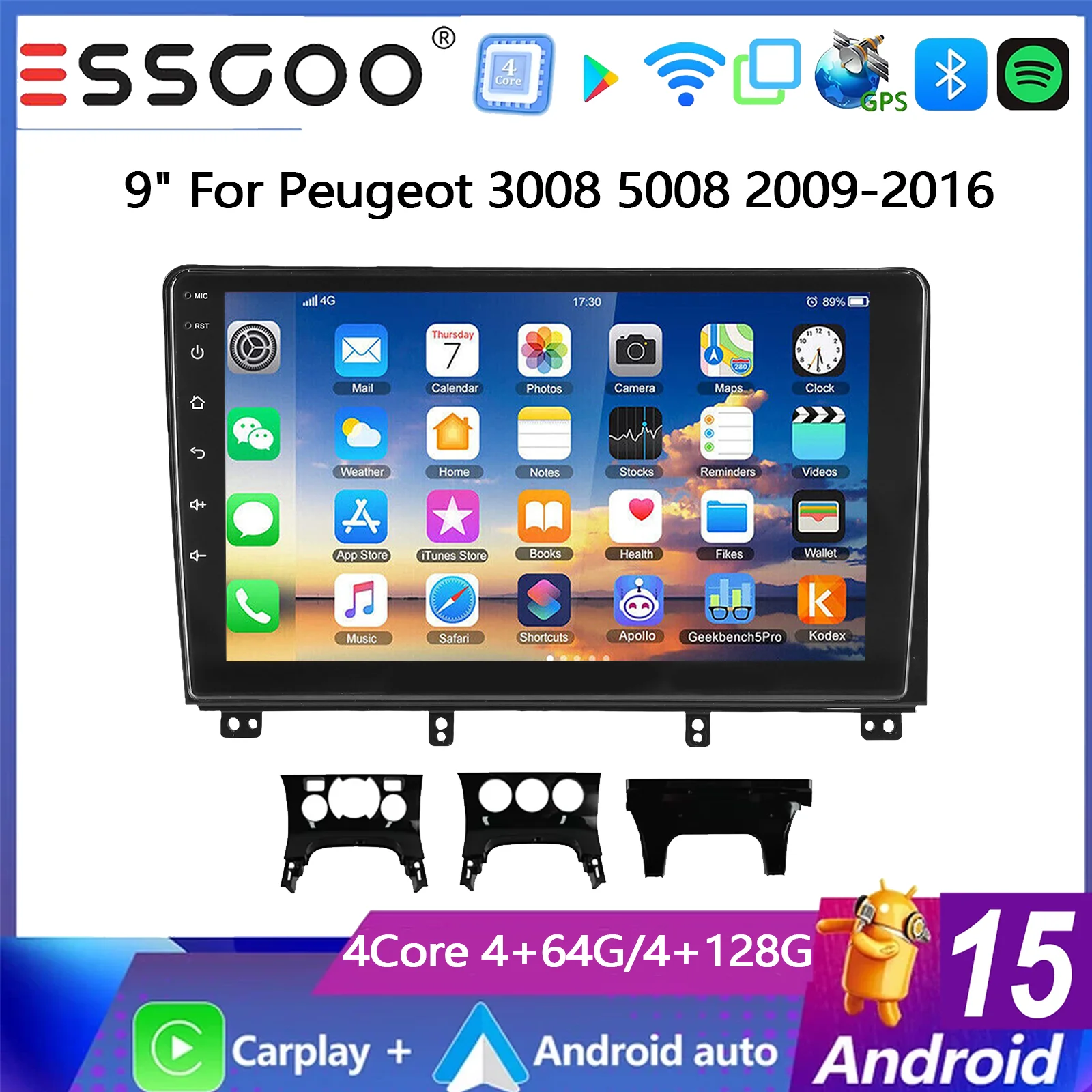 ESSGOO Radio estéreo para coche Android 15 de 9 pulgadas, 4+64G/4+128G, para Peugeot 3008 5008 2009-2016, navegación GPS, WIFI, ASP, CarPlay inalámbrico, Android Auto, Bluetooth, RDS, Mirror Link, FM, pantalla táctil IPS, reproductor multimedia de vídeo 1