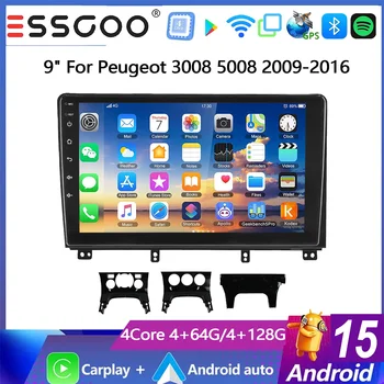 ESSGOO Radio estéreo para coche Android 15 de 9 pulgadas, 4+64G/4+128G, para Peugeot 3008 5008 2009-2016, navegación GPS, WIFI, ASP, CarPlay inalámbrico, Android Auto, Bluetooth, RDS, Mirror Link, FM, pantalla táctil IPS, reproductor multimedia de vídeo 1