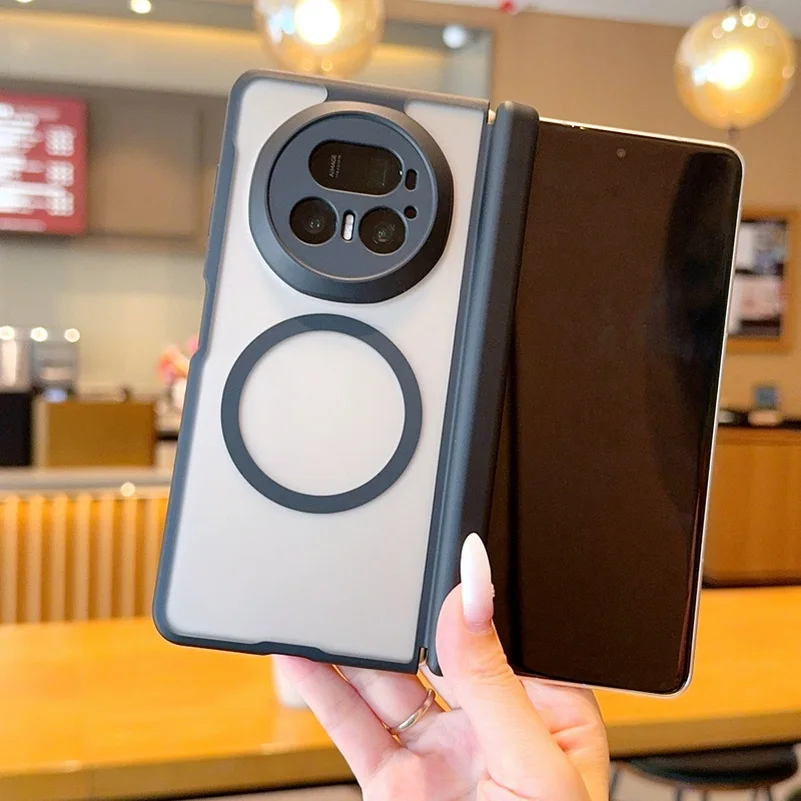 Frosted Matte Semi-Transparent Magnetic Phone Case with Center Axis Hinge and Camera Protection