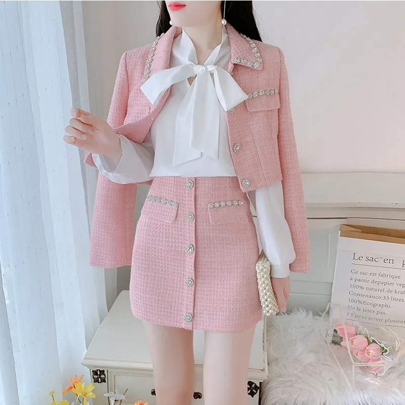 

New Women Small Fragrant Beading Tweed Patchwork Suit Jacket Coat Top + High Waist Skirts Two Pieces Set Ladies Casacos Female