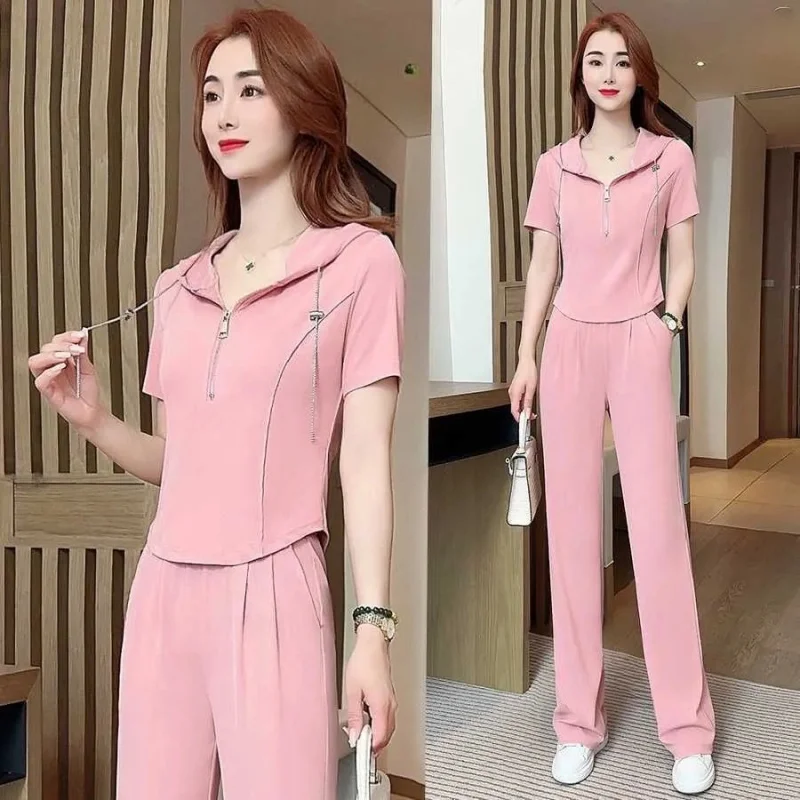 Spring Summer Women's Fashion Sports Suit Hooded Short Sleeve Sportswear High Waist Straight Leg Wide Leg Pants Two Piece Set