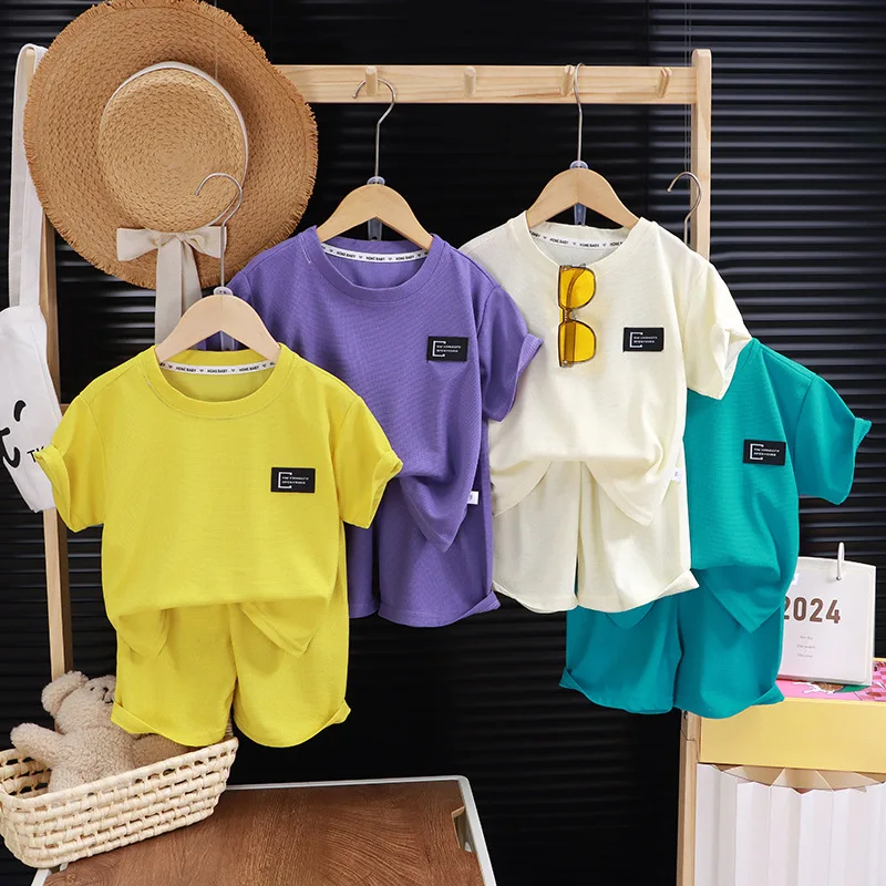 1-10Y Boys and Girls Clothing Set Summer Korean Waffle Children's Clothing Children's Comfortable Breathable Casual Set