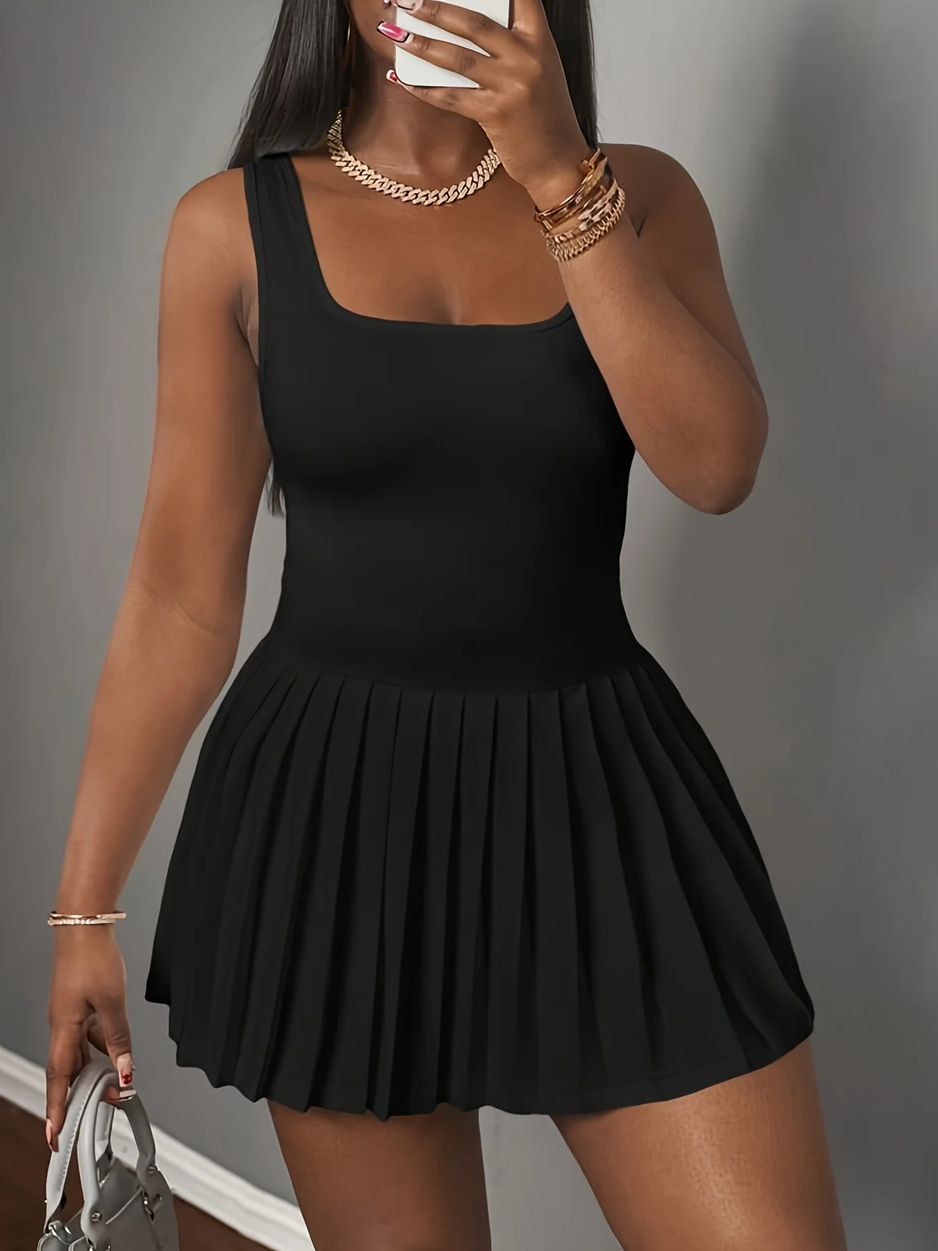 Women's Sexy Casual Square Neck Sleeveless Pleated Skirt Built-in Pants Sporty Dress Fashionable Elegant Women's Wear 1
