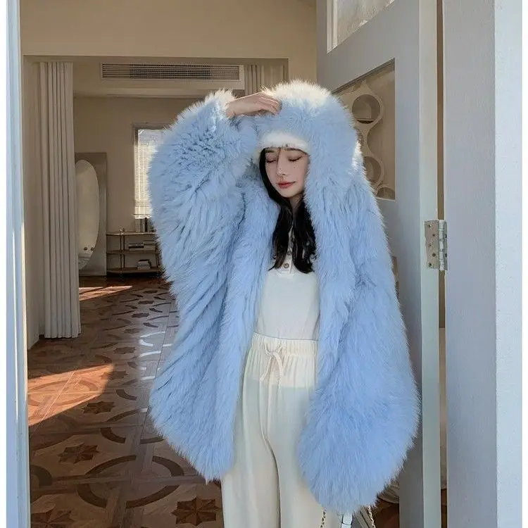 

2023 Women Winter New Fashion Faux Fox Fur Hooded Coats Female Solid Color Warm Overcoats Ladies Imitation Fur Jackets A568