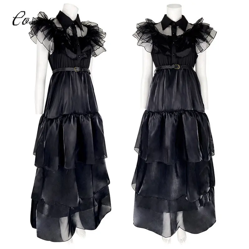 

Movie Wednesday Addams Cosplay Costume Black Full Set Short Short Sleeve Dresses Outfits for Women Halloween Carnival Party Suit