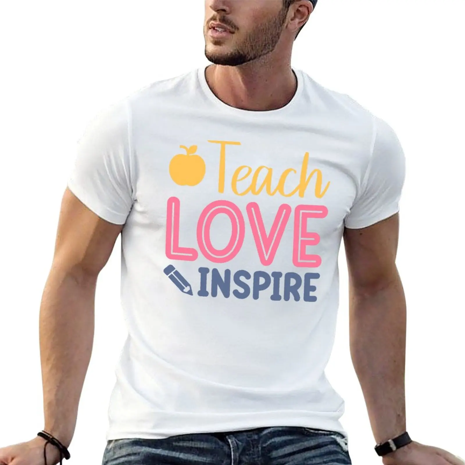 

Teach Love Inspire, Teacher Quote T-shirt oversizeds graphics cute tops T-shirts for men cotton