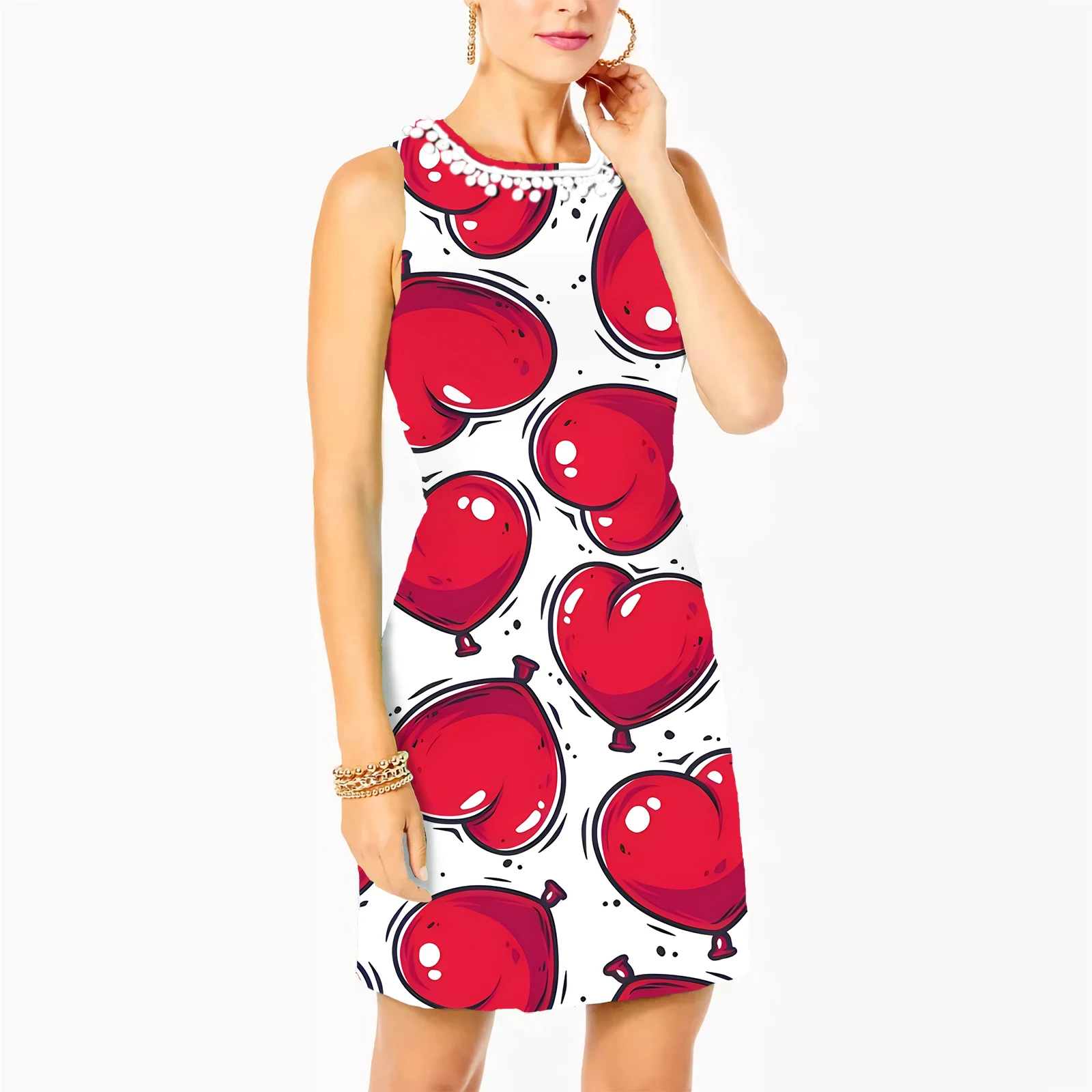 

CLOOCL Women Summer Dress Red Heart Balloon Print Slim Fit Tassel Dress Sleeveless Bodycon Dresses Valentines Gifts Dropshipping