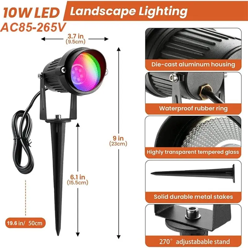 CHCH 야외 LED 조경 조명 10W RGBW 색상 변경 리모컨 포함 IP65 방수 스파이크 베이스 스포트라이트