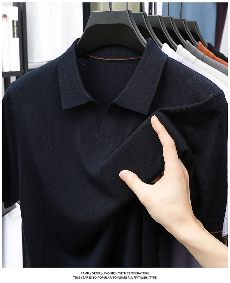 100% Lyocell Knitwear 2025 Men Spring Summer Trendy Turn Down Collar Knit Tees Short Sleeve Breathable Knit Tops