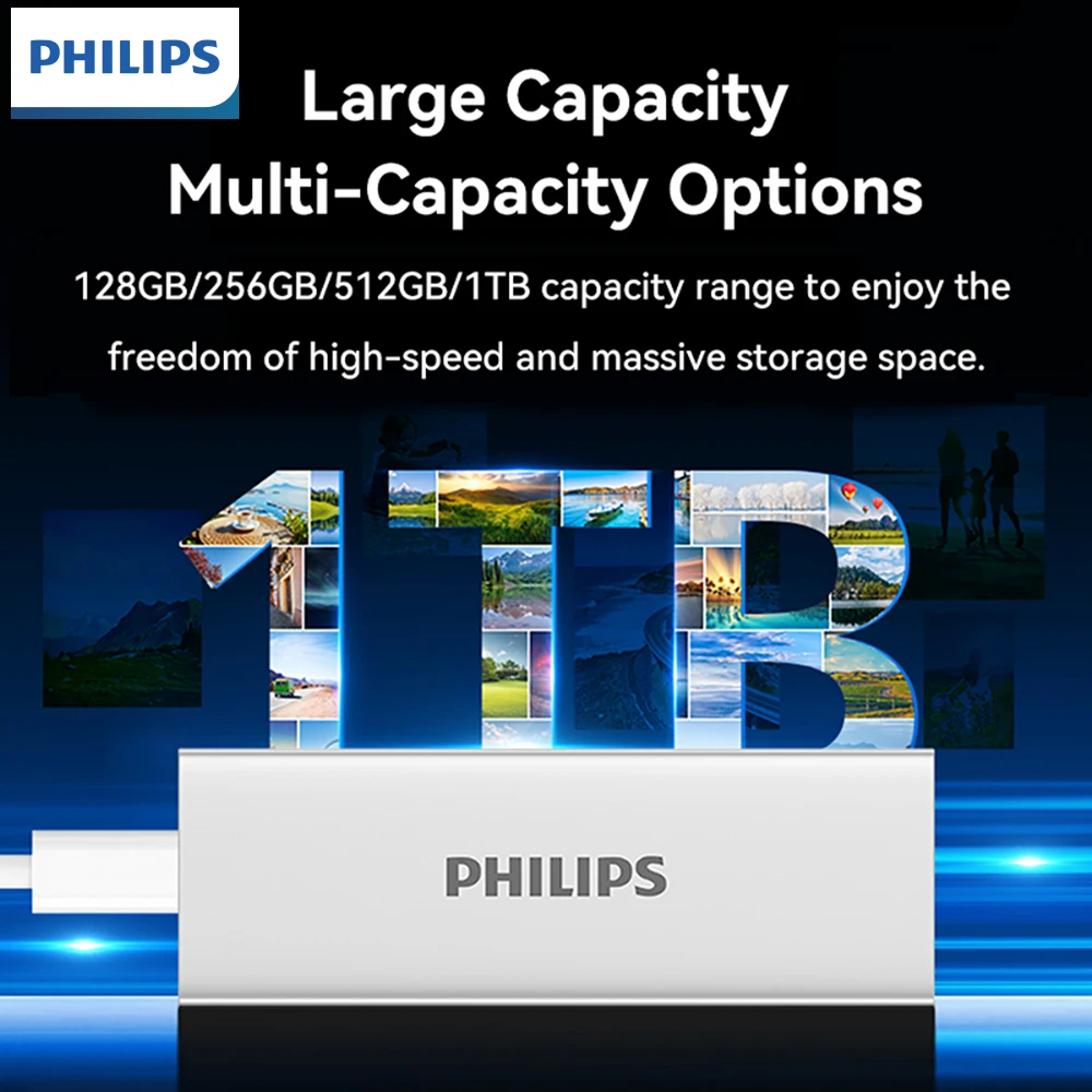 PHILIPS 61PS SSD 외장 하드 드라이브, 휴대용 SSD 최대 1050MB/s 고속 솔리드 스테이트 드라이브, 외장 드라이브 USB 3.2 Gen2