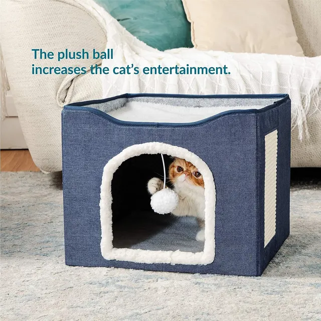 Large Cat Bed with Fluffy Ball Hanging and Scratch Pad Double Layered Foldable Cat Beds for Indoor Cats Sleeping All Seasons 5