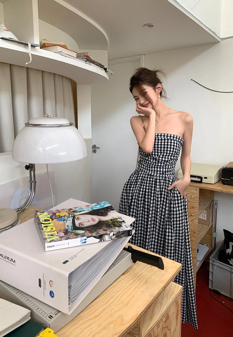 Casual Strapless Midi Dresses for Women Striped Sleeveless A-line Korean Chic Summer New Party Dress Vestidos Mujer