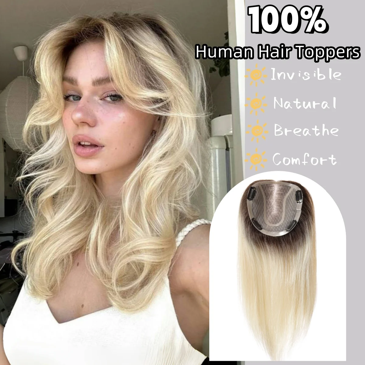 Original Human Hair Topper Women Human Hair Wigs Ombre Blonde Clip in Extensions Hand Tied MONO Base Hairpiece 14 inch,human hair toppers