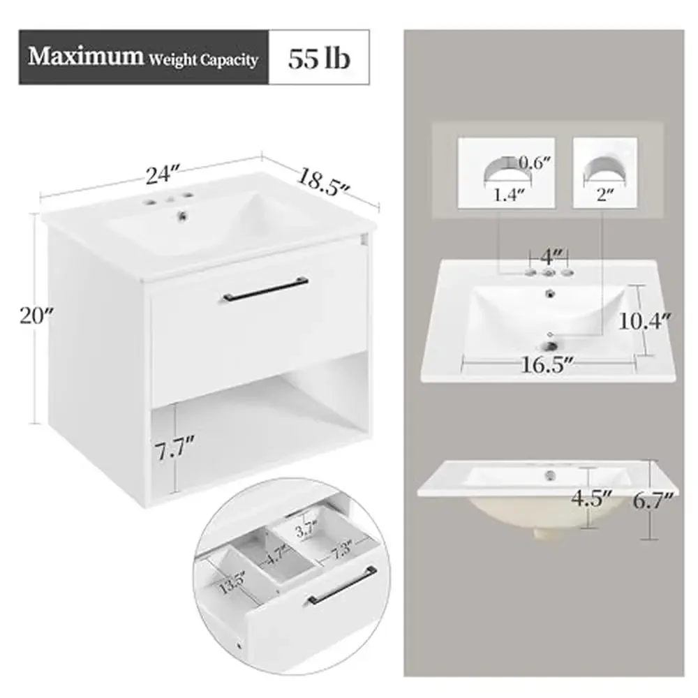 Modern Wall-Mounted Bathroom Vanity with Ceramic Sink and Storage Shelf White Finish
