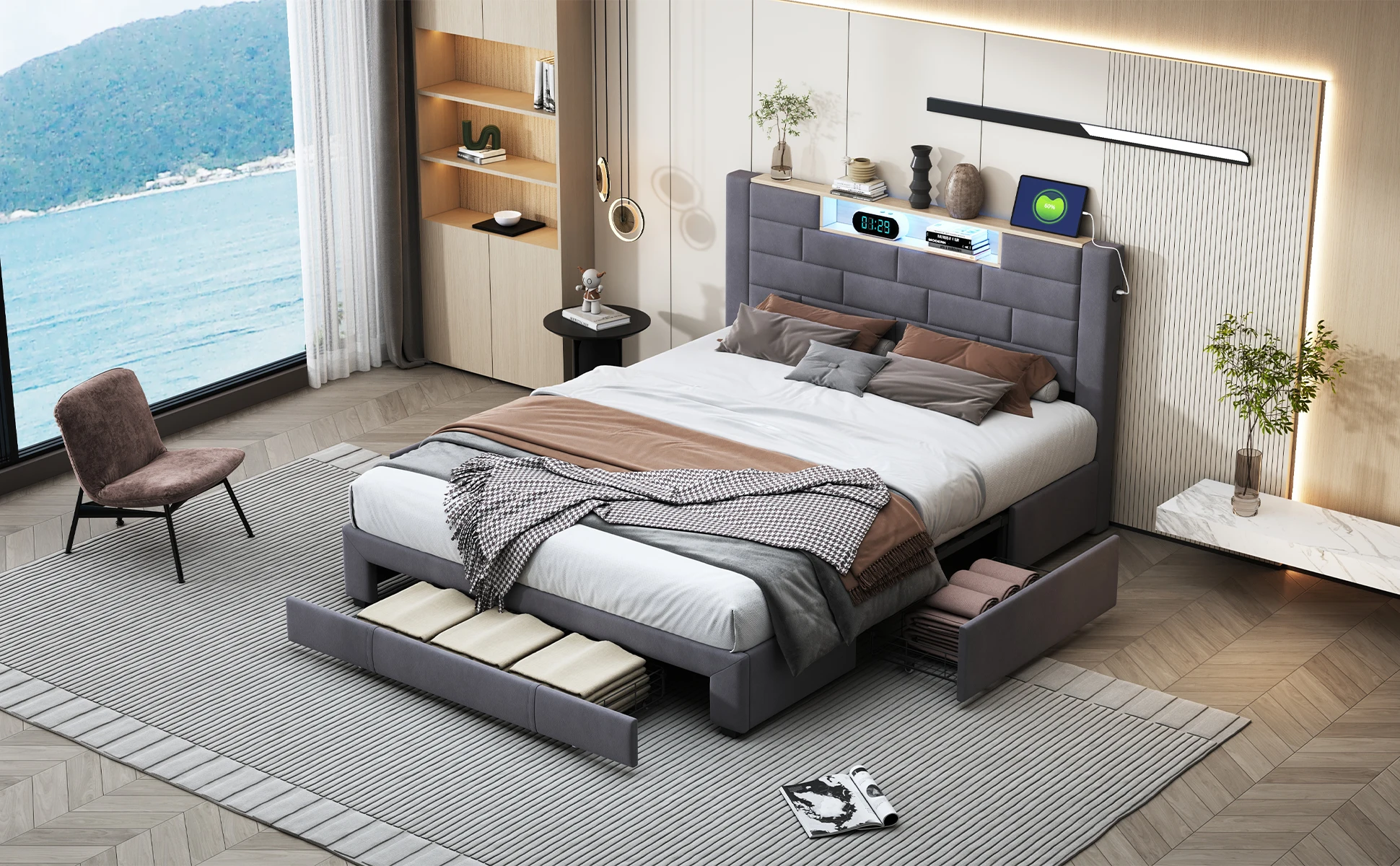 Lazyspace Samt-Doppelbett mit 3 Schubladen, 140/160 x 200 cm, Kopfteil mit LED und Ladeanschluss, Lattenrost aus Holz – Detail 13