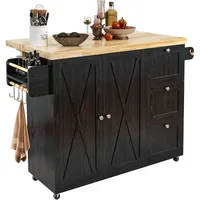 Rolling Kitchen Island Cart with Drop-Leaf Countertop, Barn 3Drawers, Barn Door Style Cabine,Thicker Rubberwood Top, Spice Rack 1
