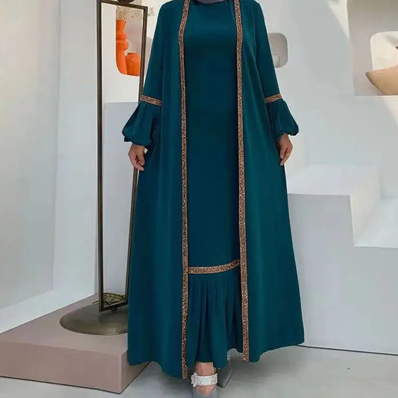  - 2023 Two Pieces Abaya Set Kimono Cardigan Women Muslim Maxi Dress Eid Ramadan Abaya Dubai Kaftan Turkey Party Gown Robe Jalabiya