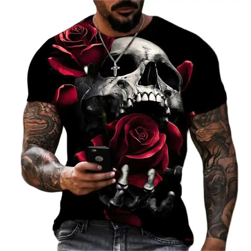 Men's Casual T-Shirt, Gothic Skull Heart Hands Graphic Black Short Sleeve Crew Men Tee Cool Streetwear Halloween Fashion T-shirt