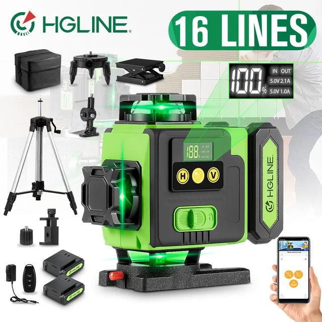 Niveau laser 4D HGLINE 16 lignes, contrôle à distance par application, rechargeable, auto-nivelant, ligne verte 360°, batterie Li-ion grande capacité 6000 mAh 1