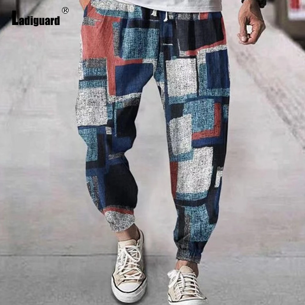 

Ladiguard 2022 Men's Pocket Design Linen Pants Drawstring Loose Plaid Printed Trouser Plus Size 5xl Mens Patchwork Sweatpants
