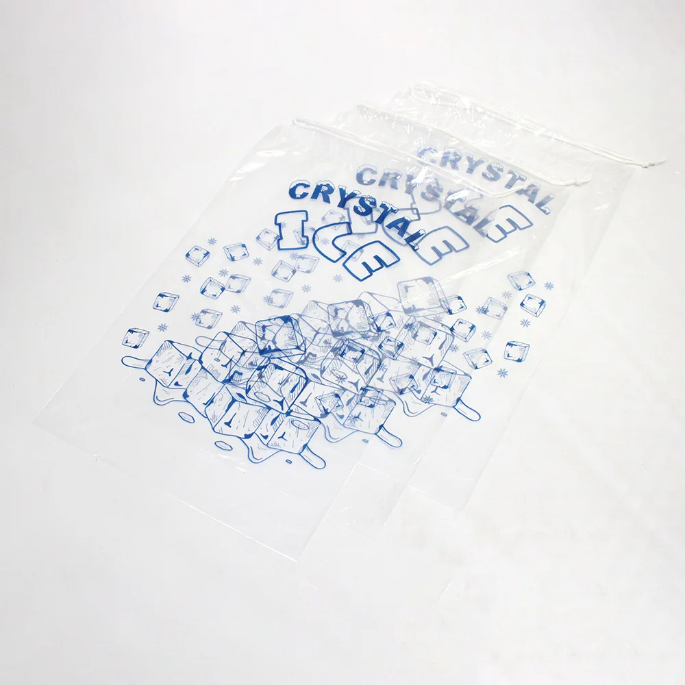 Top Disposable Corded Ice Bag 50pcs/pack 8/10 Pound Transparent Food Grade PE Drawstring Strap Mouth Ice Bag