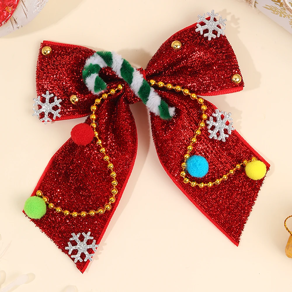 New Year Christmas Bow Hair Clips Christmas Tree Decoration Hairpins Glittery Colorful Pom Poms Barrette For Girls Accessories