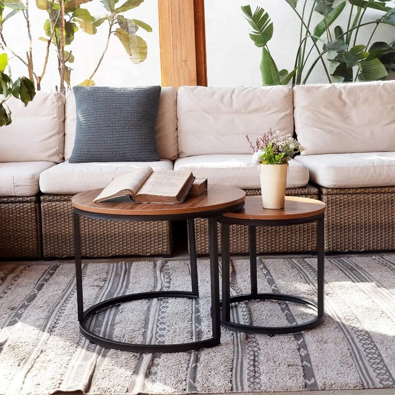 Coffee Table Nesting Side Round Set of 2 End Table Top Sturdy Metal Frame Desk Centerpiece Living Room Bedr 4