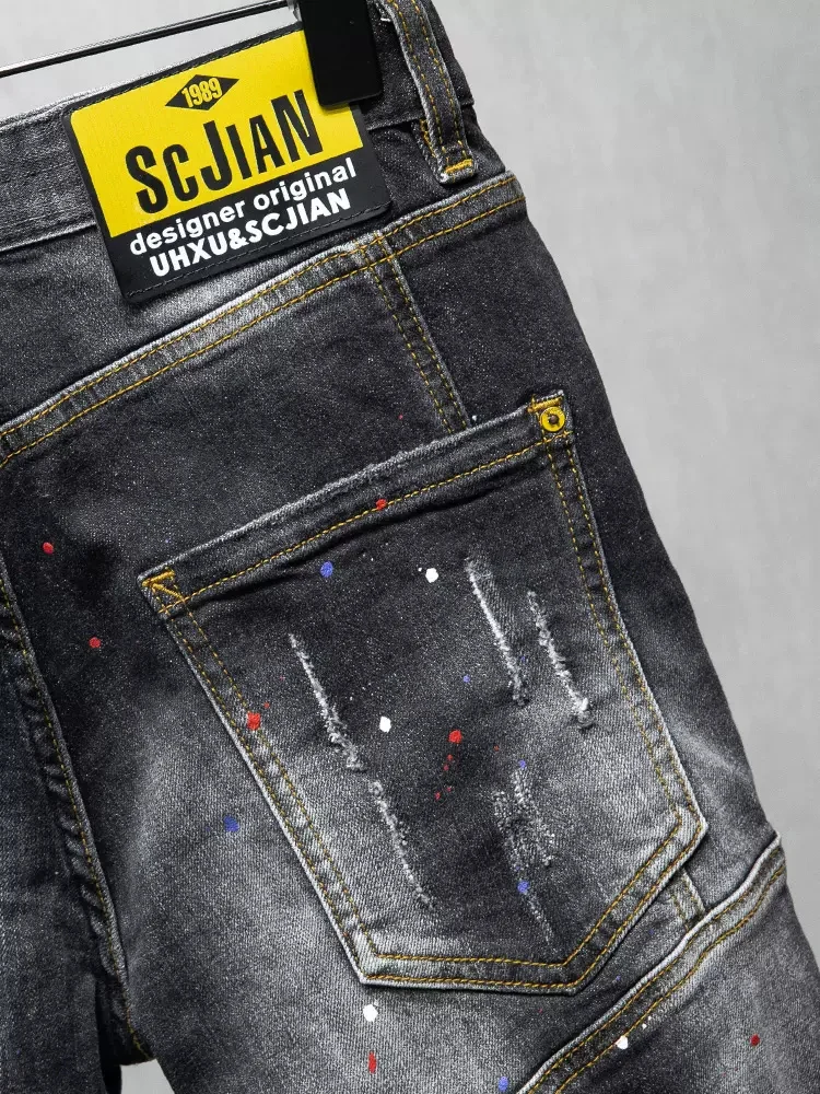 Summer Fashion Men Jeans Retro Black Gray Stretch Elastic Spliced Ripped Short Jeans Painted Designer Hip Hop Denim Shorts Men