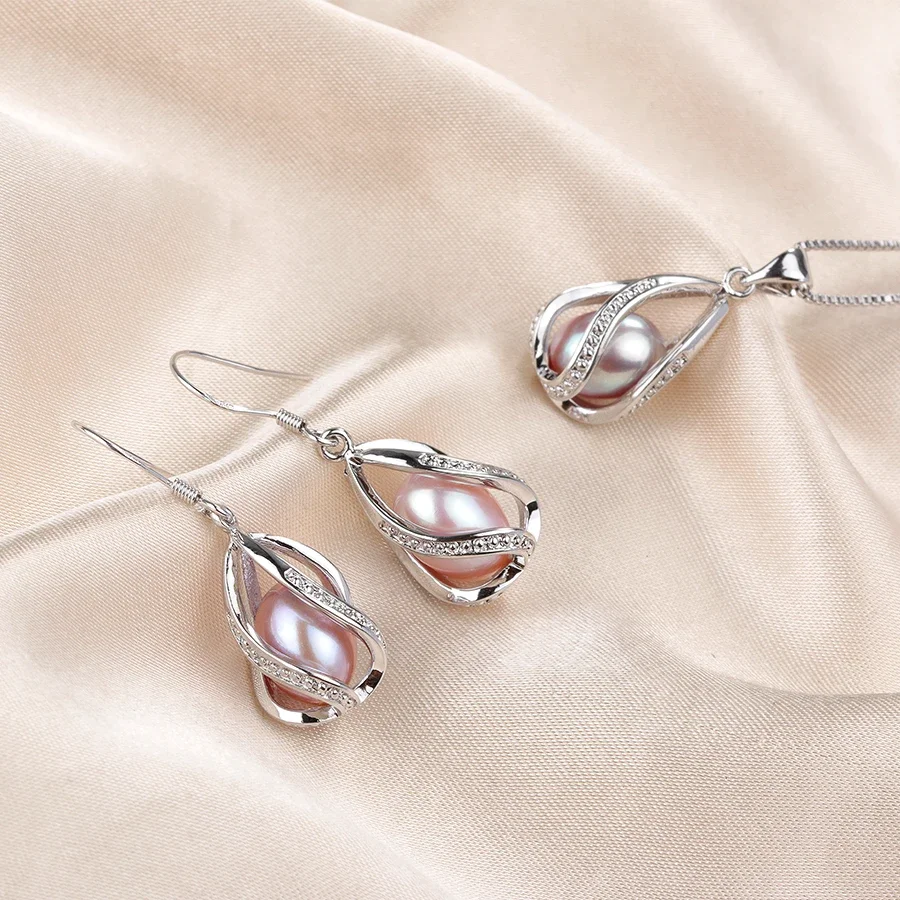 100% Natural Freshwater Pearl Jewelry Sets For Women Fashion 925 Sterling Silver Earrings+Pendant Wedding Jewelry With Box 4