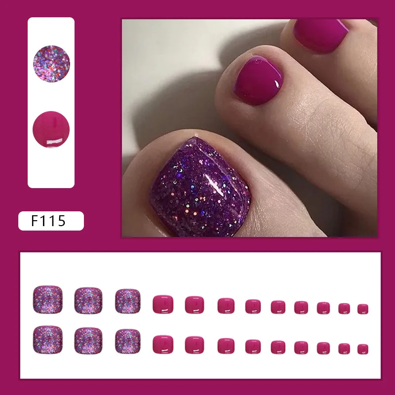 24pcs Glitter Sequins Fake Toenails Simple Wearable False Toenails for Girls Women Acrylic Foot Nail Tips Full Cover Reusable