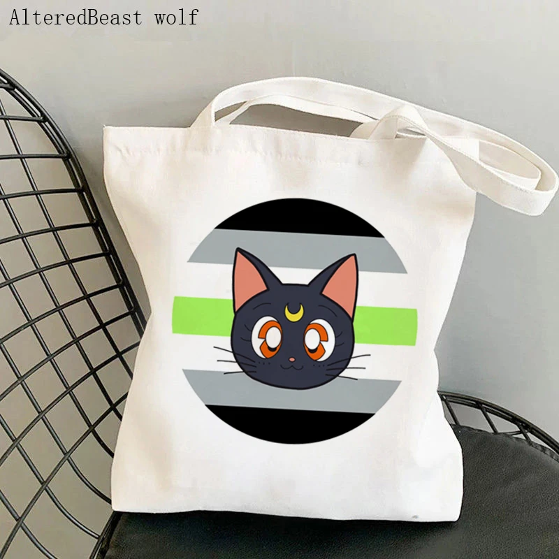 Women Shopper bag Asexual Pride Sailor Meow Kawaii Bag Harajuku Shopping Canvas Shopper Bag girl handbag Tote Shoulder Lady Bag