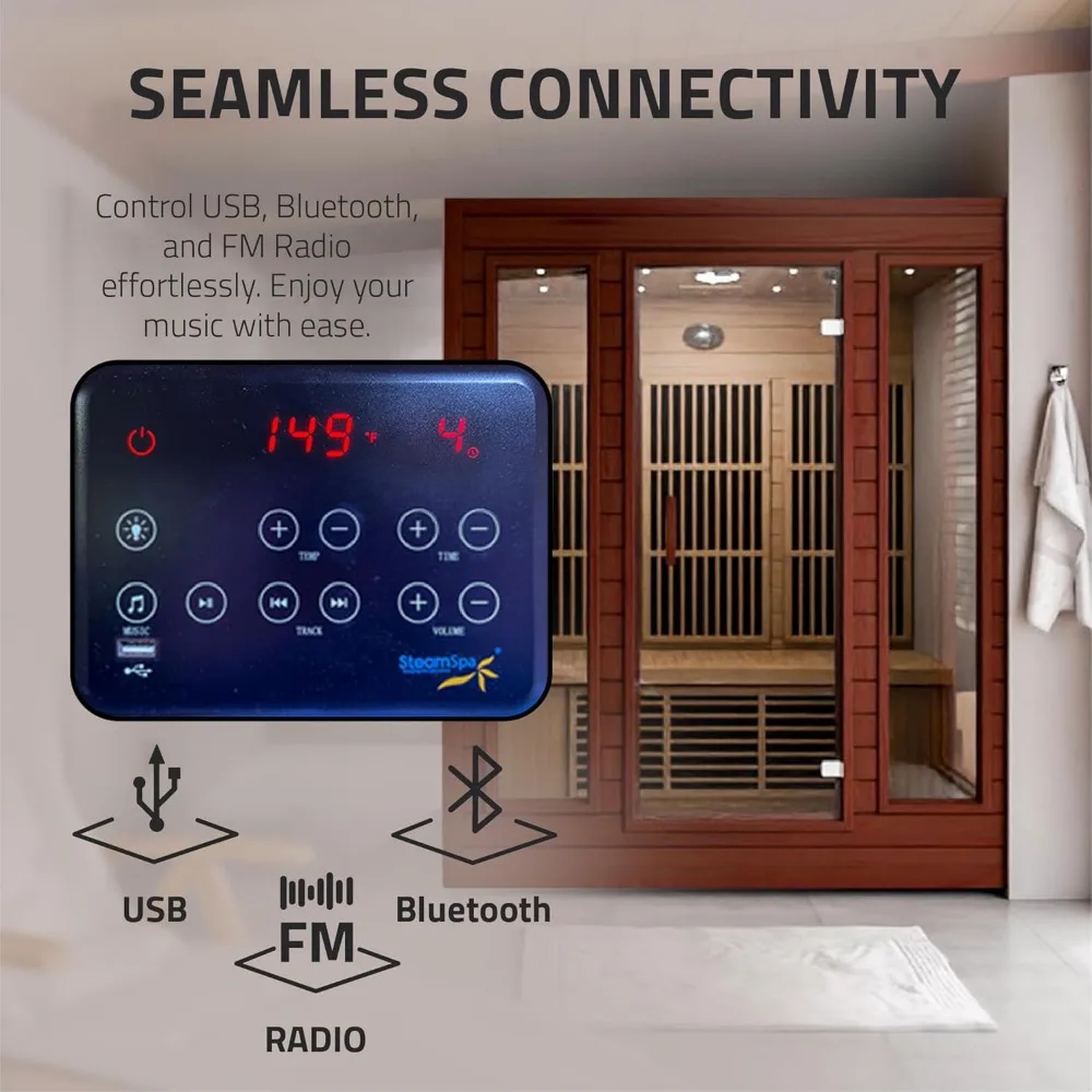 Home Sauna Room for 3 Person Hemlock Wooden Indoor Sauna Spa - Bluetooth Speaker, Heating Plate, Touch Control Panel Temperature 4