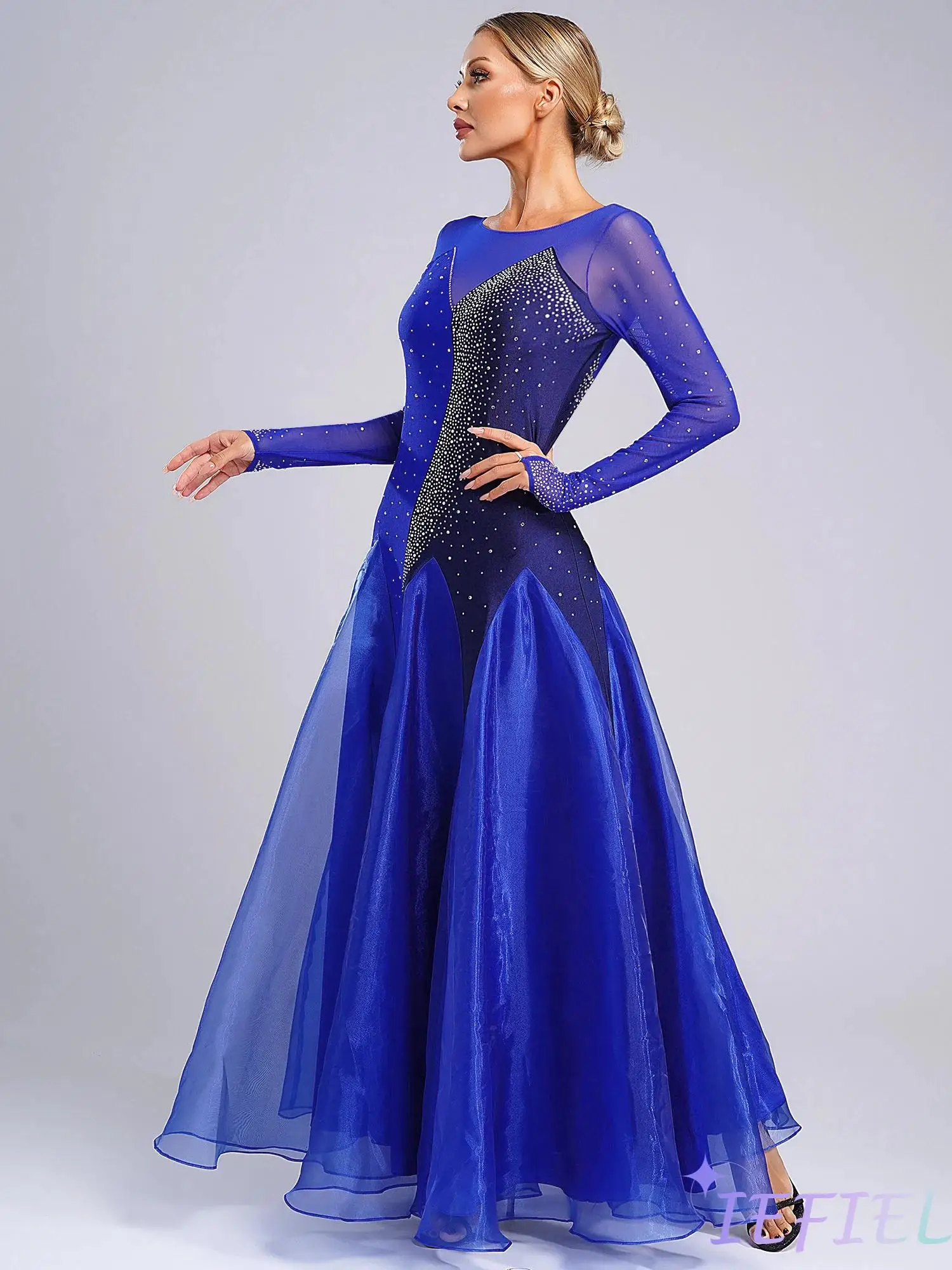 Women Dance Skirt Women Glittery Rhinestones Decor Ballroom Waltz Tango Dancewear Ladies Evening Party Long Dresses Ball Gown Performance Costume