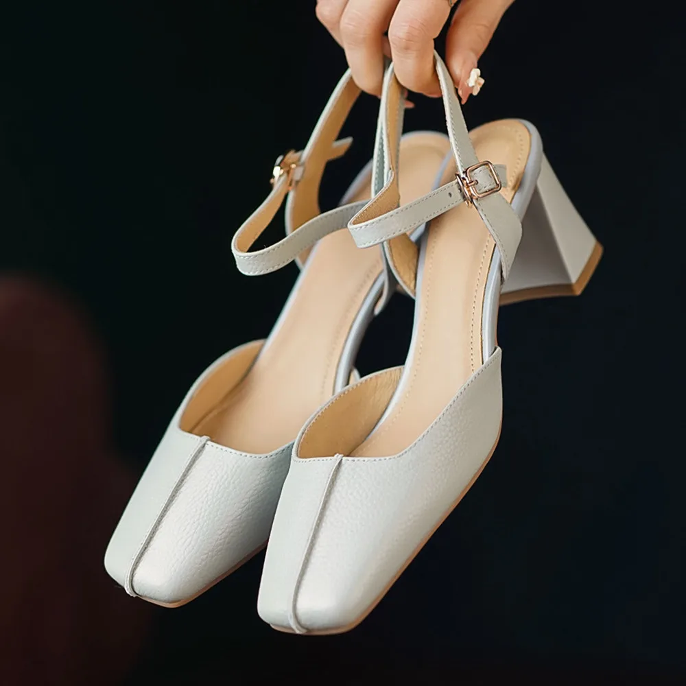 

Women's genuine leather 7cm thick high heel square toe ankle strap pumps elegant ladies OL style summer dress sandals shoes sale