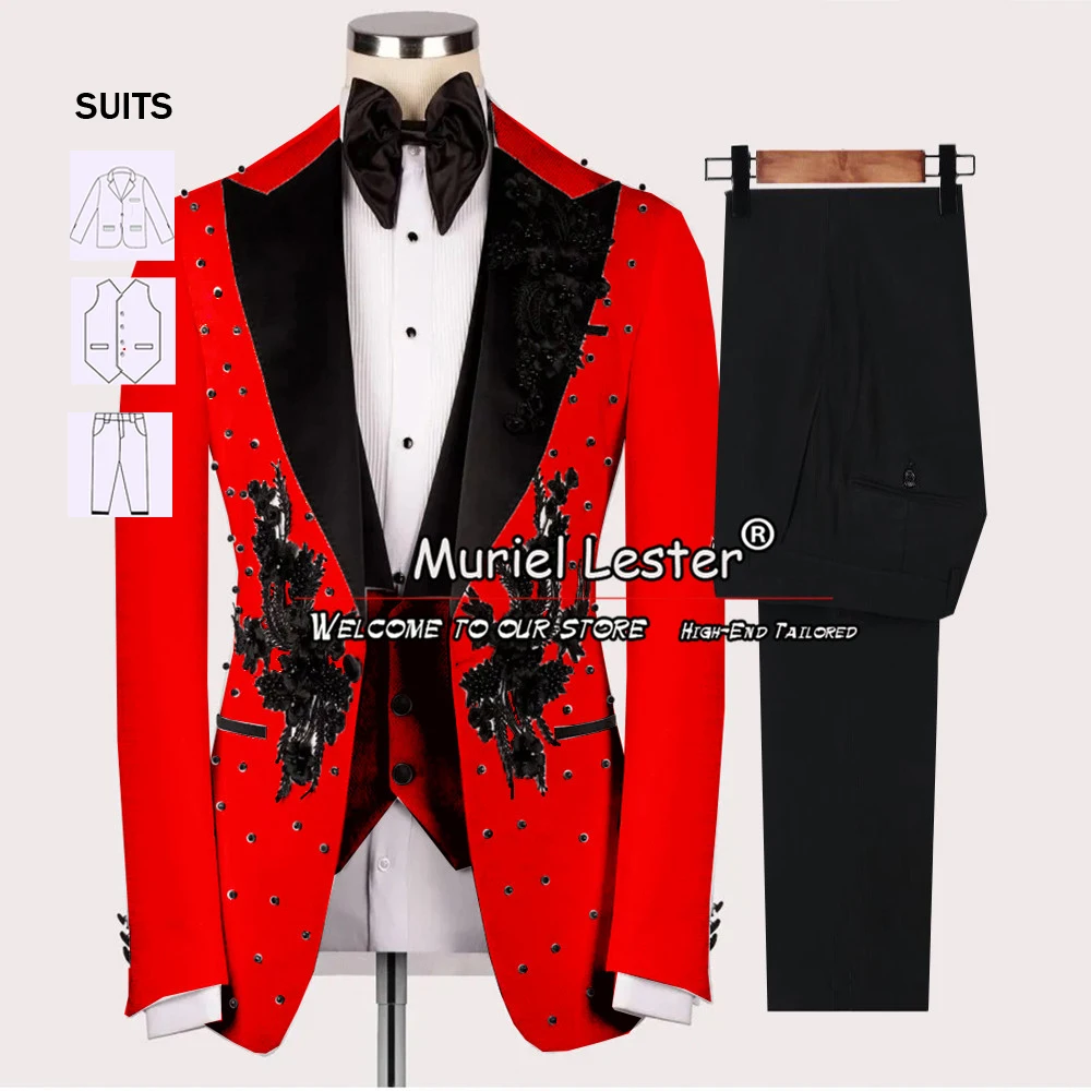 

Красный костюм для жениха, свадебные костюмы, официальный Женский блейзер ручной работы с аппликацией из жемчуга, Блейзер, женский жакет из 3 предметов, жилет, брюки, Terno